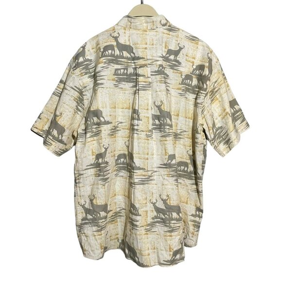 Woolrich Outdoor Button Shirt Men Size L Deer Elk Hunt Beige Short Sleeve Pocket - Picture 2 of 7